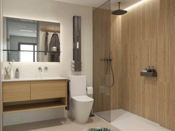 Geïntegreerde wastafel en grote inloopdouche met houten wandpanelen.