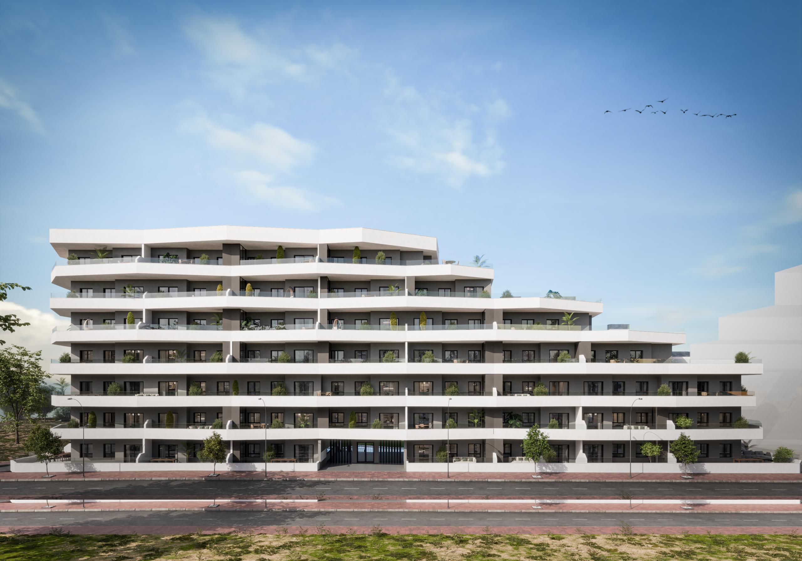 Modern appartementencomplex met ruime balkons en groene terrassen. Hoogbouw met uitzicht, tuin en moderne voorzieningen, ideale woning voor comfortabel wonen.
