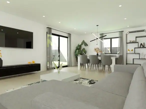 Moderne woonkamer met grote ramen en uitzicht op de tuin in Monforte del Cid.