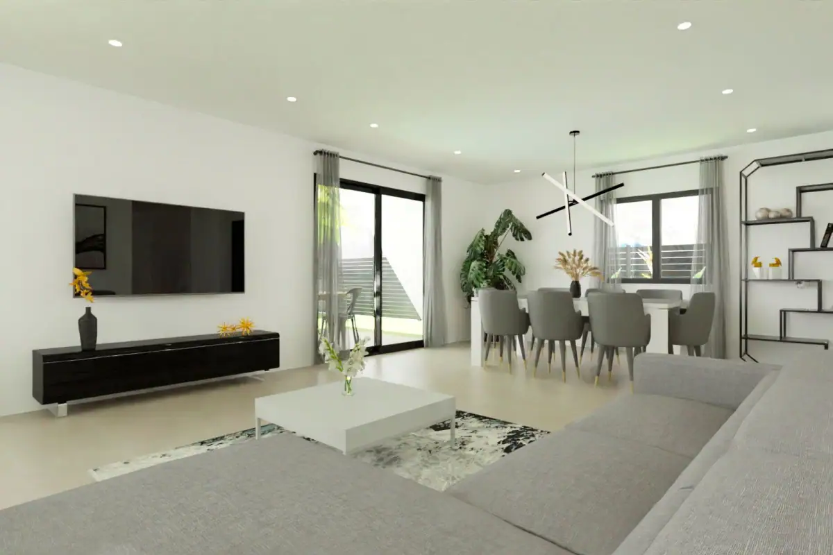 Luxe nieuwbouw golf villa in Monforte del Cid met moderne woonkamer en grote ramen.