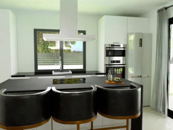 Moderne keuken in luxe nieuwbouw golf villa in Monforte del Cid, met strakke witte kasten en een eil.