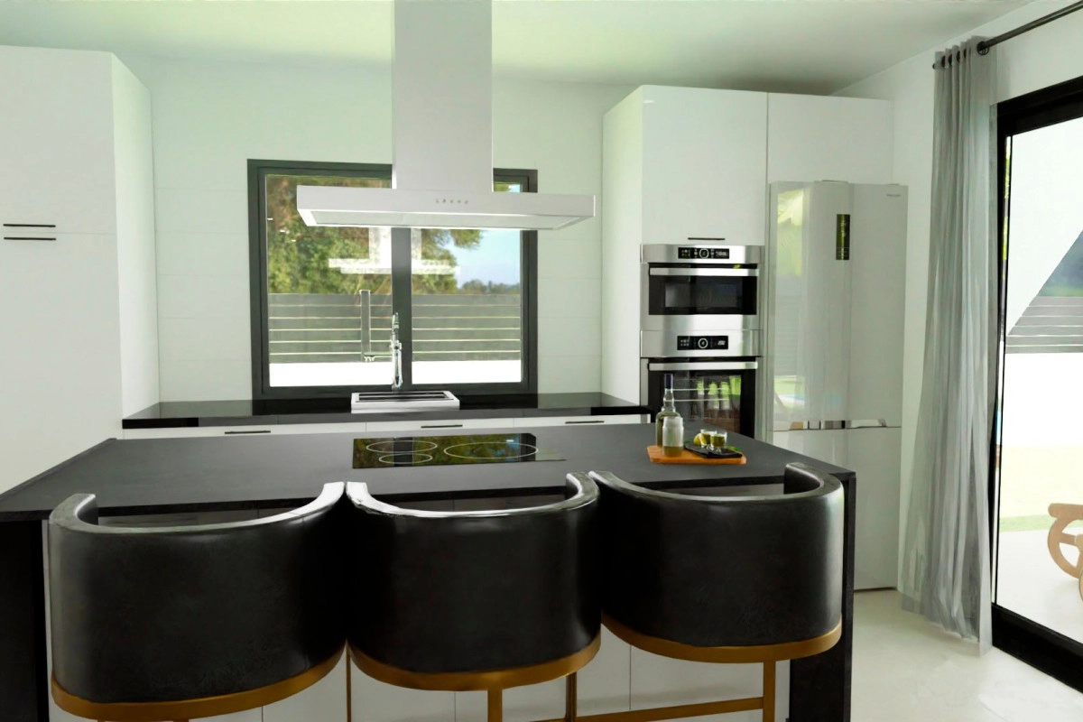 Moderne keuken in luxe nieuwbouw golf villa in Monforte del Cid, met strakke witte kasten en een eil.