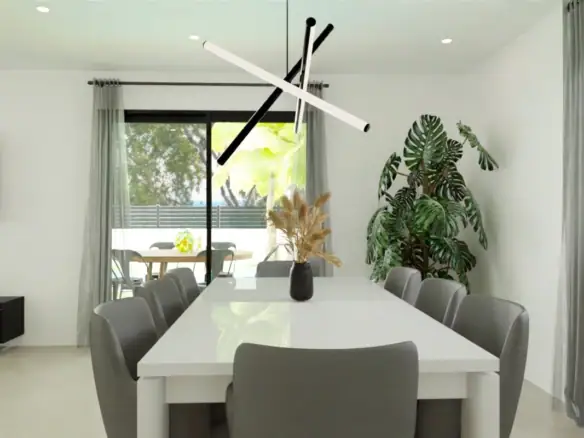 Moderne eetkamer in luxe nieuwbouw golf villa in Monforte del Cid, met grote ramen en stijlvolle inr.