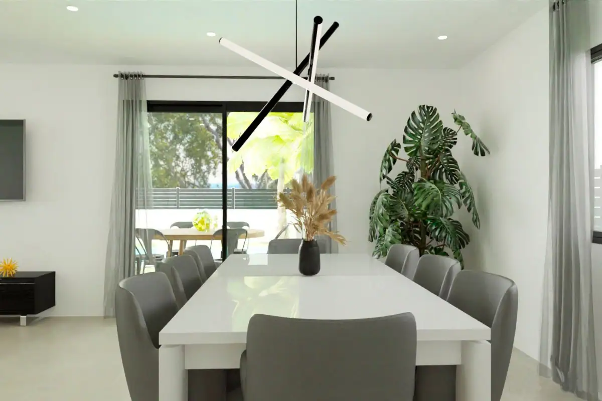 Moderne eetkamer in luxe nieuwbouw golf villa in Monforte del Cid, met grote ramen en stijlvolle inr.