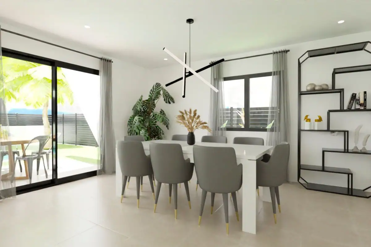 Moderne eetkamer in luxe nieuwbouw golf villa met grote ramen en tuinzicht.