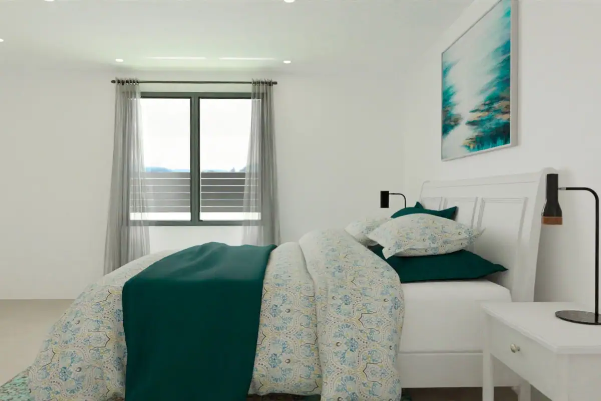 Moderne slaapkamer in luxe golf villa in Monforte del Cid, met grote ramen en uitzicht.