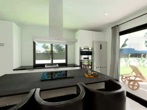 Moderne keuken met uitzicht op tuin en terras in luxe nieuwbouw golf villa.