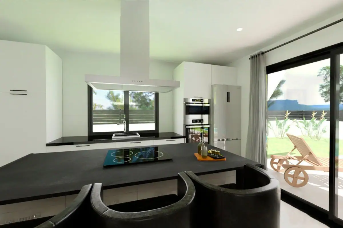 Moderne keuken met uitzicht op tuin en terras in luxe nieuwbouw golf villa.