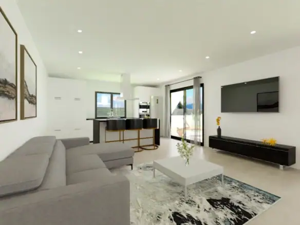 Moderne woonkamer in luxe nieuwbouw golf villa in Monforte del Cid, met grote ramen, strakke afwerki.