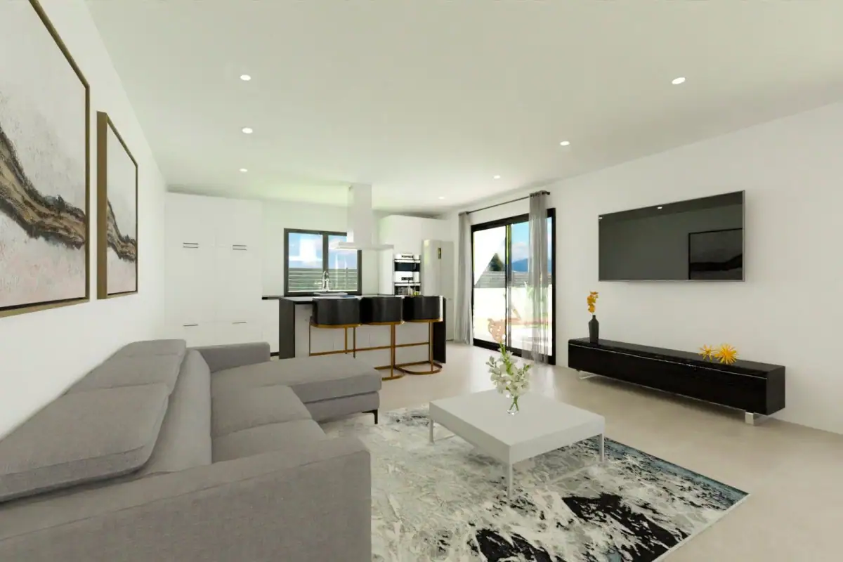 Moderne woonkamer in luxe nieuwbouw golf villa in Monforte del Cid, met grote ramen, strakke afwerki.