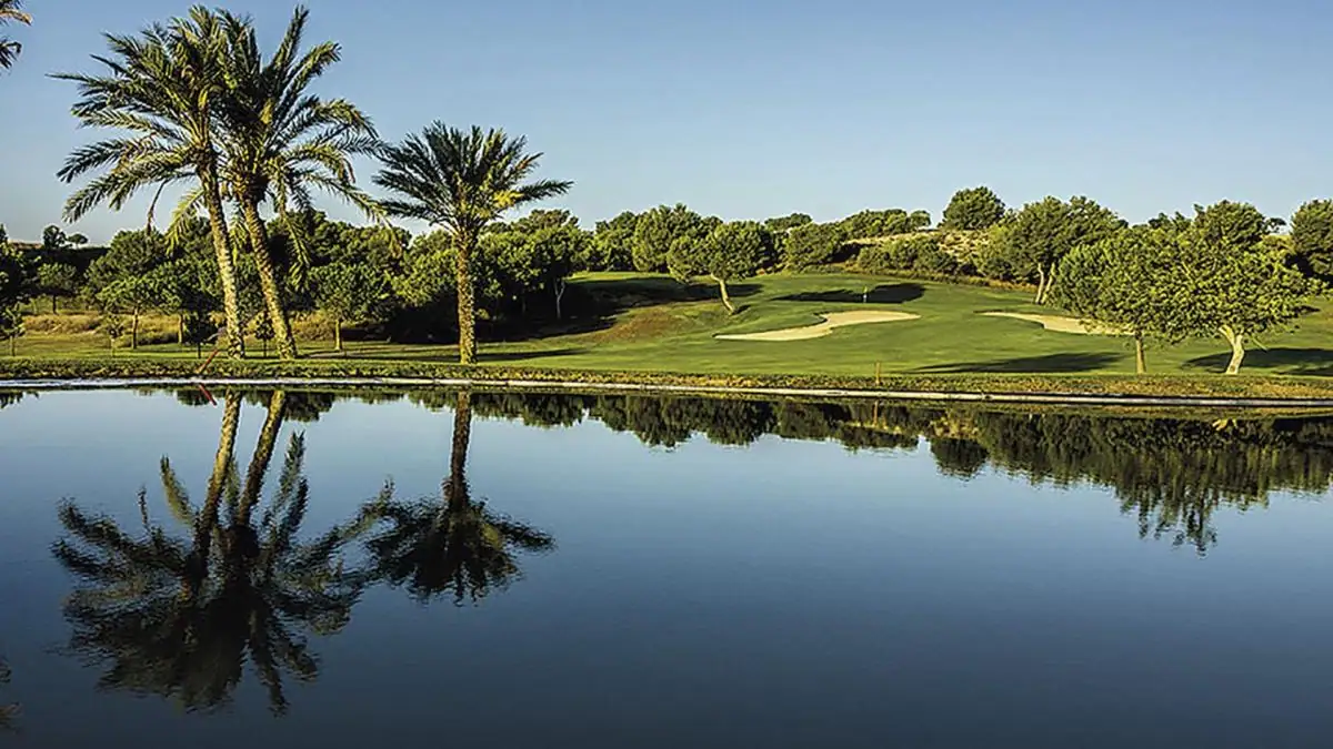 Prachtig uitzicht op golfbaan met palmbomen en waterreflectie.