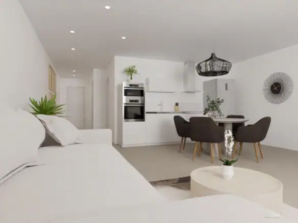 Lichte woonkamer met open keuken en zithoek, ideaal voor comfortabel wonen in Hondón de las Nieves.