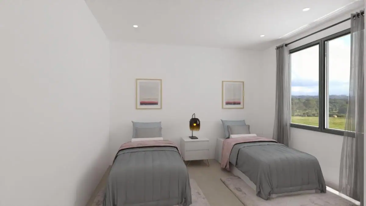 Ruime slaapkamer met twee bedden en uitzicht op groene omgeving.