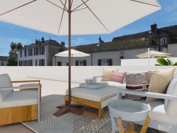 Luxe dakterras met zitgedeelte, parasol en uitzicht op de wijk in Hondón de las Nieves.