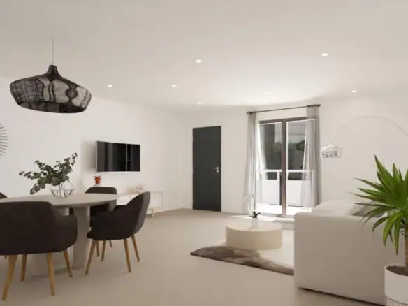 Ruime woonkamer in nieuwbouwappartement met moderne inrichting en balkon.