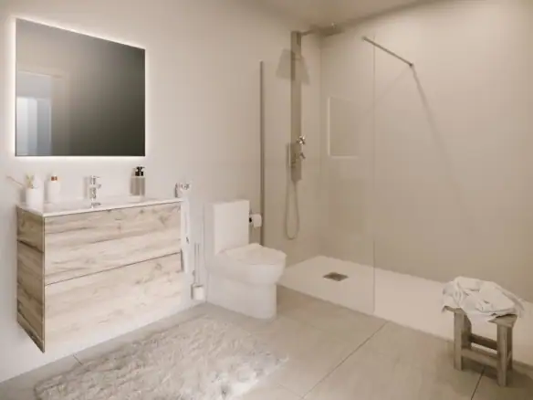 Moderne badkamer met inloopdouche, toilet en wastafel in appartement La Mata, Torrevieja.