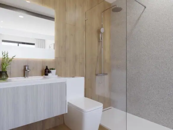 Lichte badkamer met inloopdouche, houten wand en moderne wastafel.