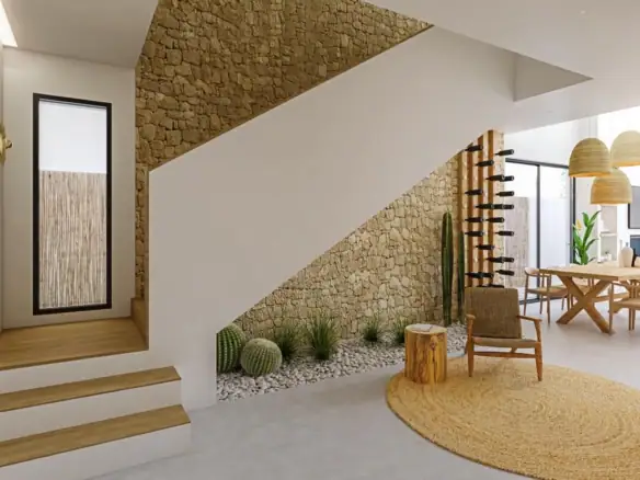 Moderne interieur met natuurlijke materialen en zithoek in luxe villa.