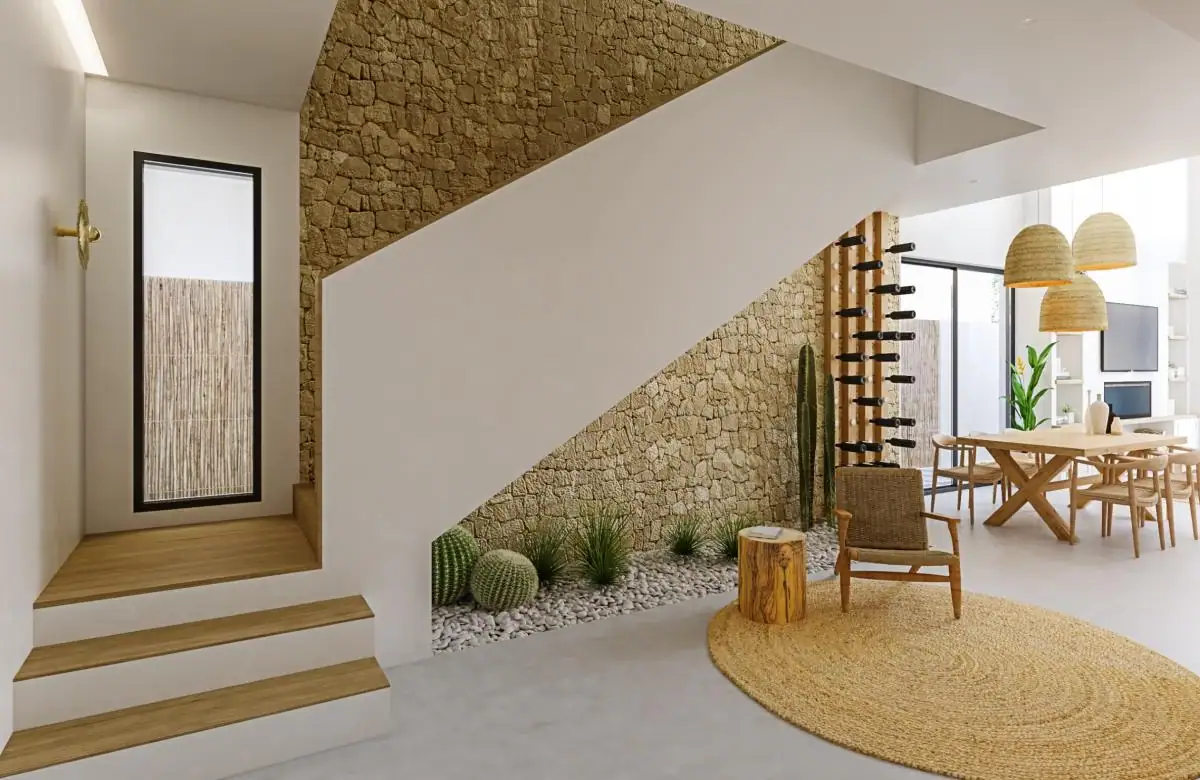 Moderne interieur met natuurlijke materialen en zithoek in luxe villa.