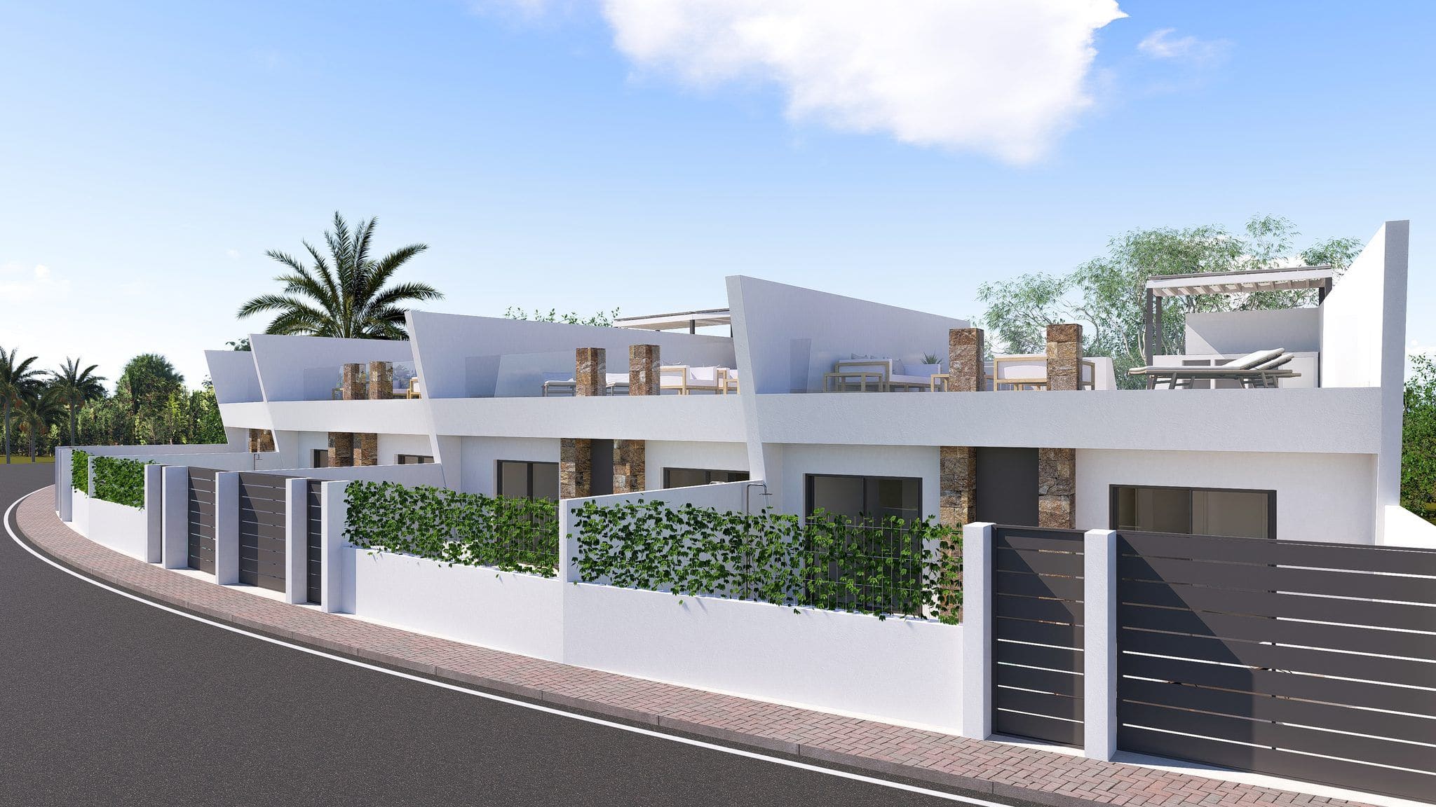 Moderne nieuwbouwvilla in Roldán met ruime terrassen en tuin, perfect voor comfortabel wonen.