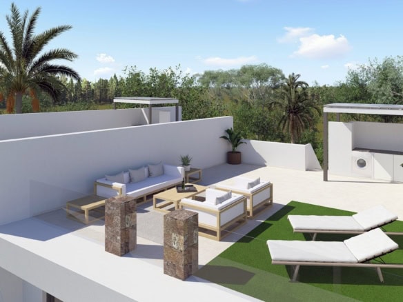 Luxe dakterras met lounge, ligbedden en uitzicht op groene tuin en palmboom.