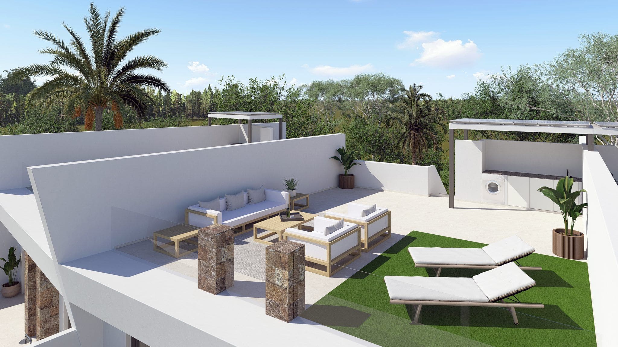 Luxe dakterras met lounge, ligbedden en uitzicht op groene tuin en palmboom.