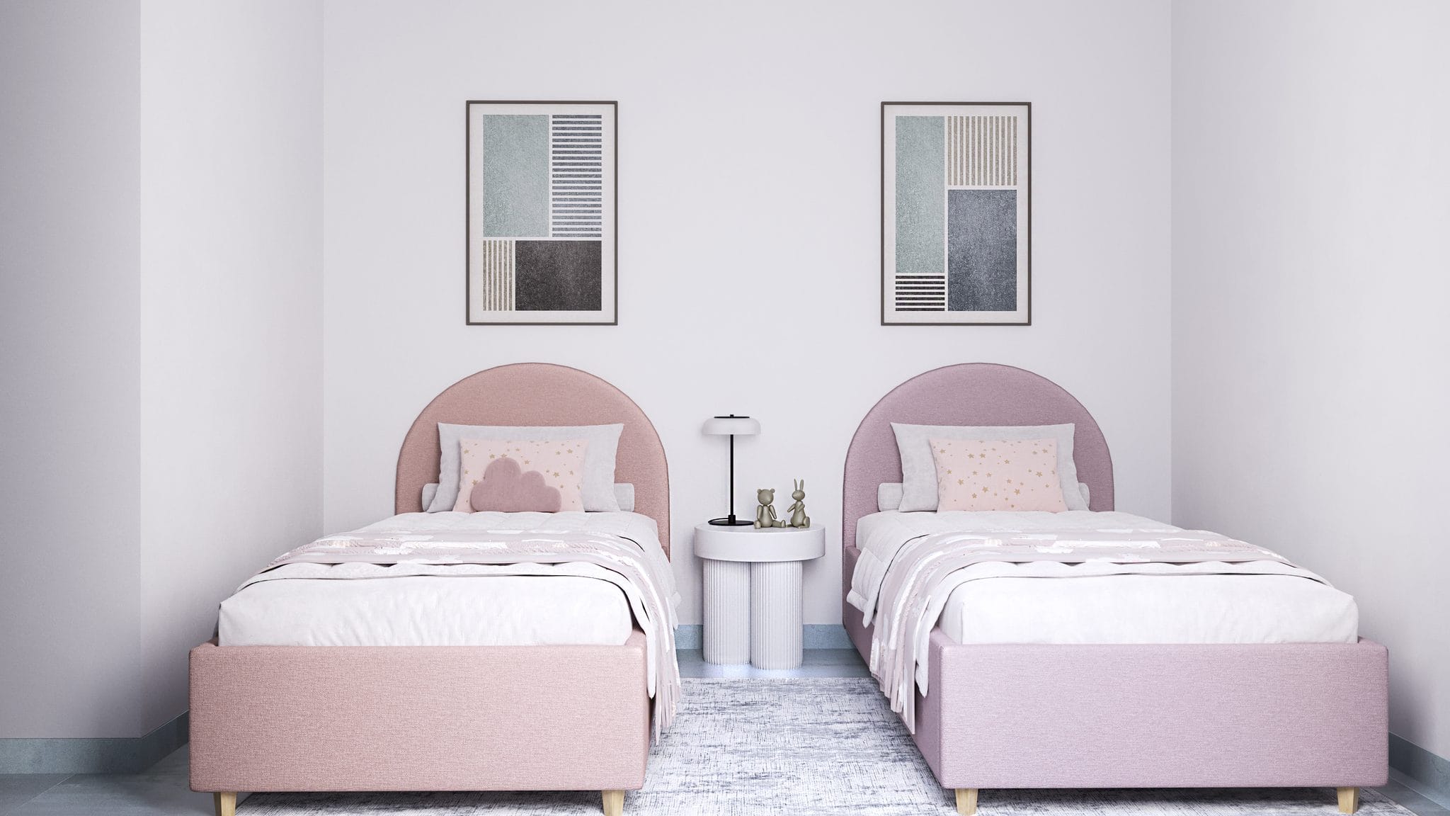 Gezellige slaapkamer met twee roze bedden en moderne decoratie.