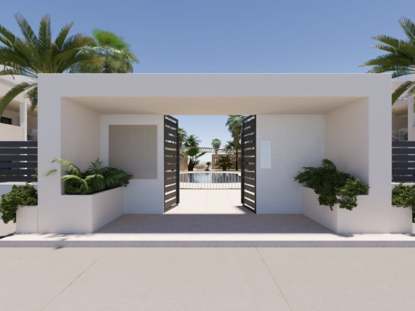 Moderne ingang van appartement in San Cayetano met tuin en palmbomen.