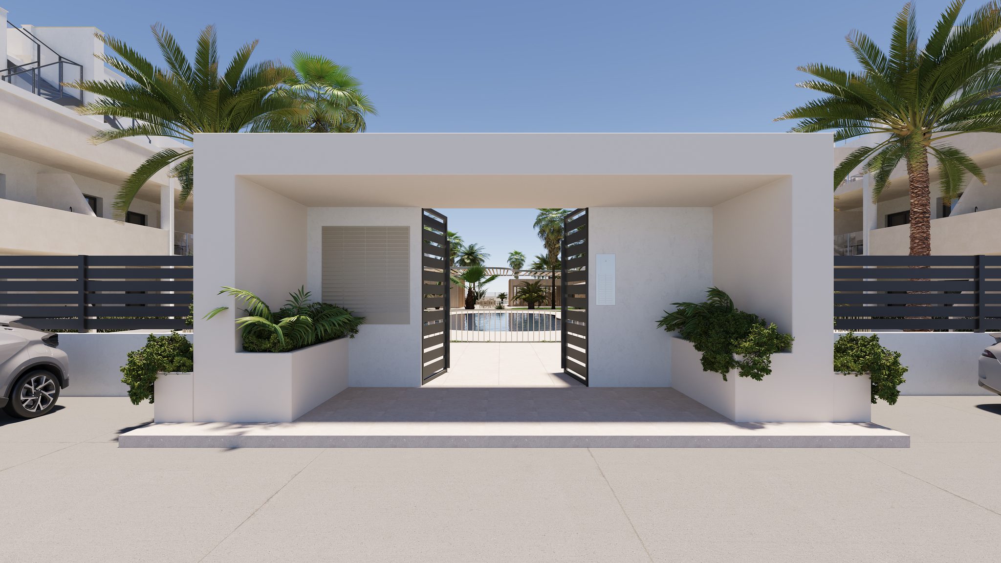 Moderne ingang van appartement in San Cayetano met tuin en palmbomen.