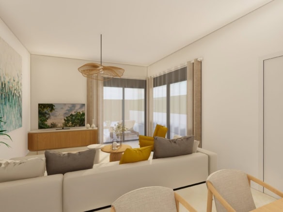 Ruime woonkamer met grote ramen en moderne inrichting in San Blas villa.