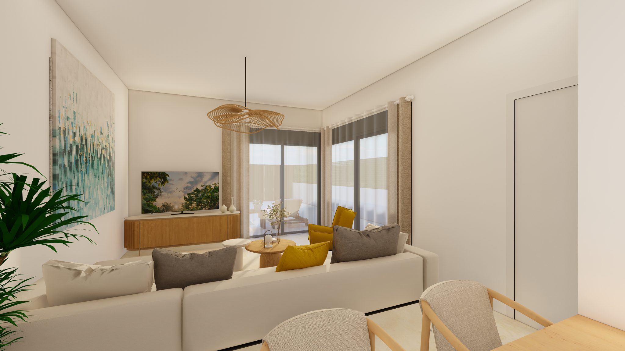 Ruime woonkamer met grote ramen en moderne inrichting in San Blas villa.