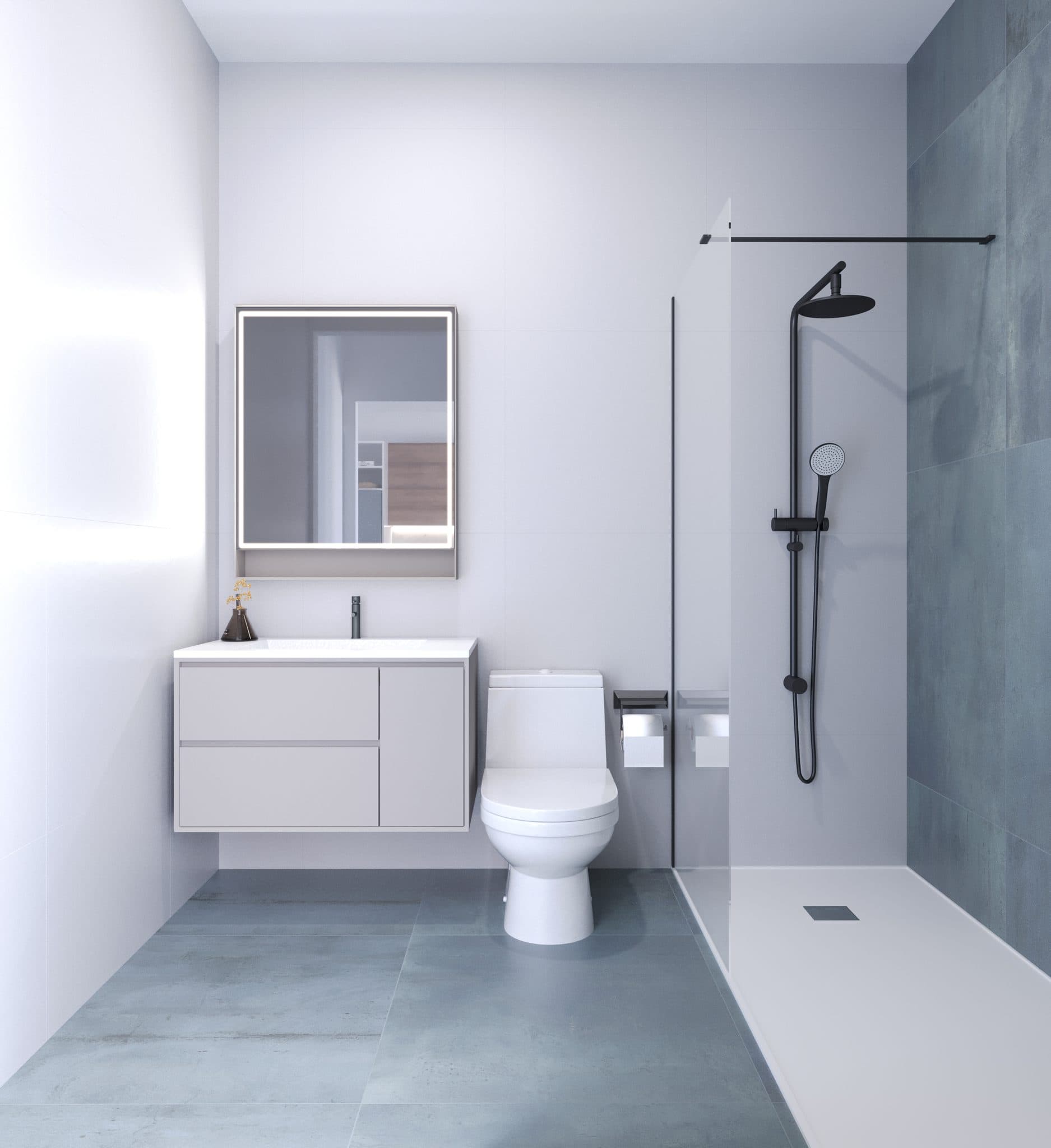 Moderne badkamer met inloopdouche en wastafel in witte kast.