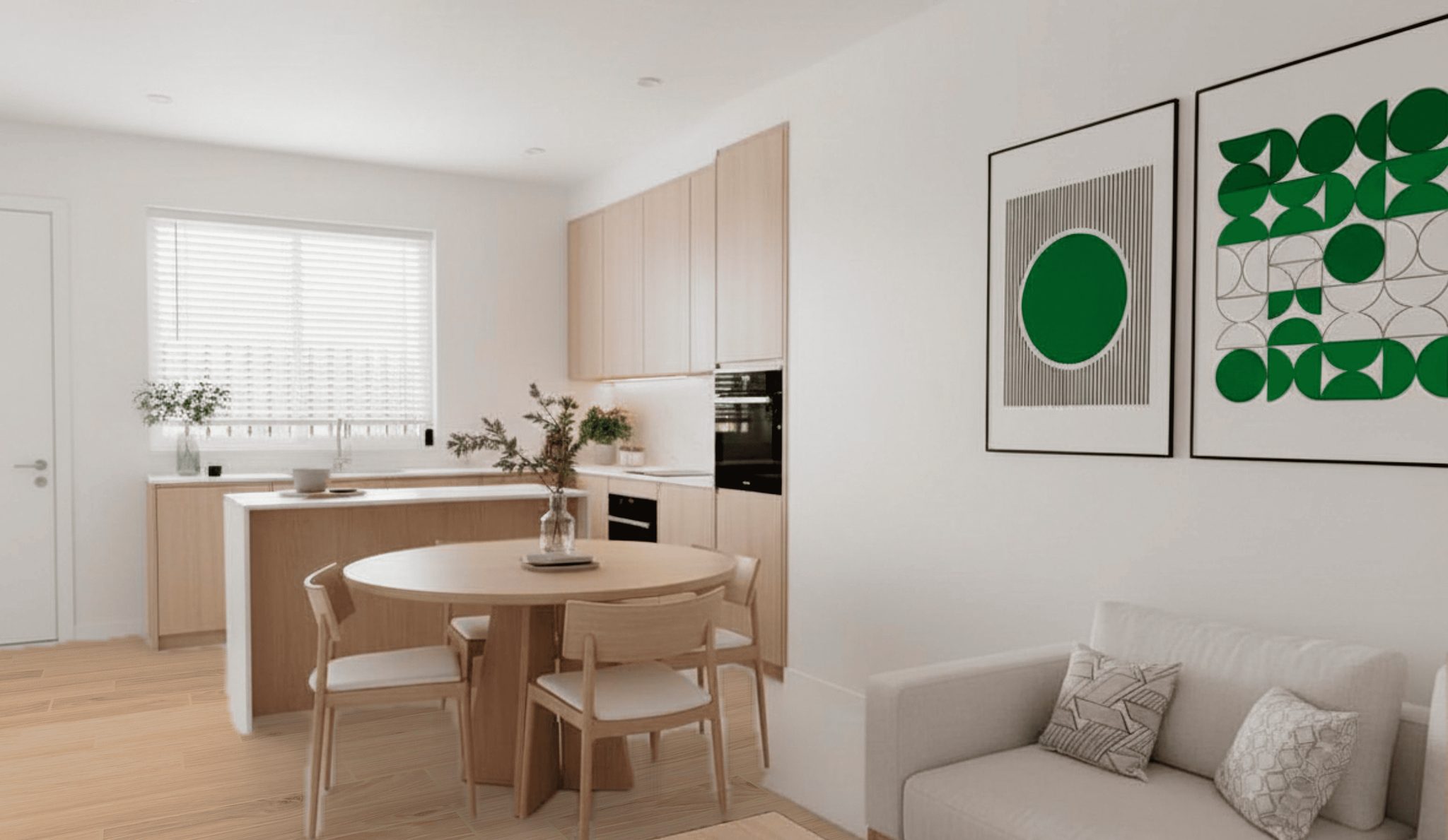 Woonkamer en keuken met lichte afwerking en groen decor.
