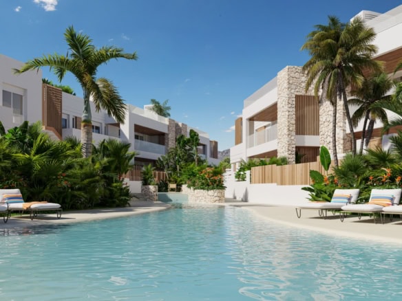 Luxe strandcomplex in San Juan de los Terreros met zwembaden en tropische tuinen.