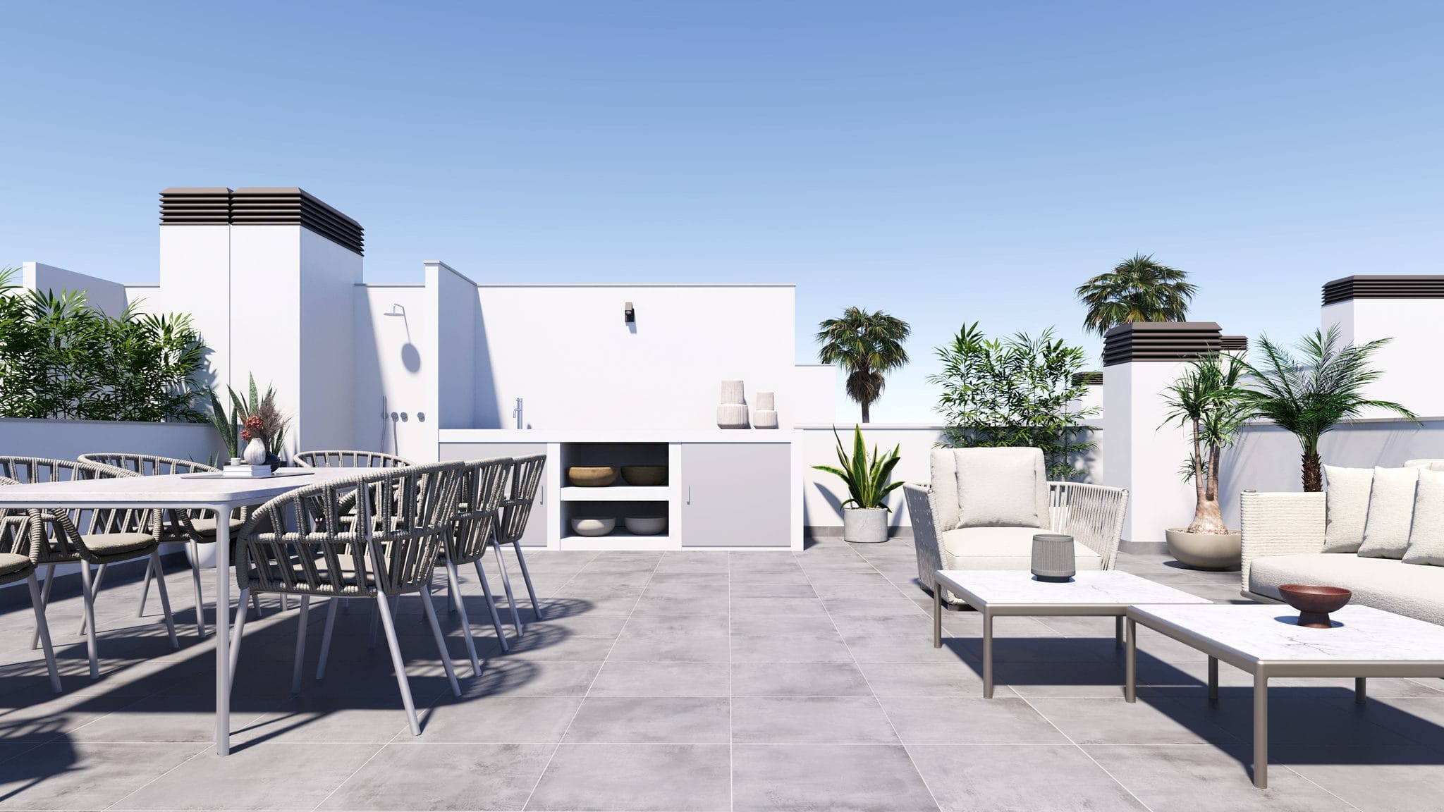 Luxe dakterras met zithoek, tuinplanten en uitzicht op de omgeving in Roldán, Murcia.