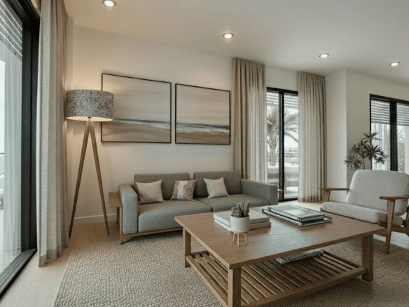 Gezellige woonkamer met moderne inrichting en grote ramen.