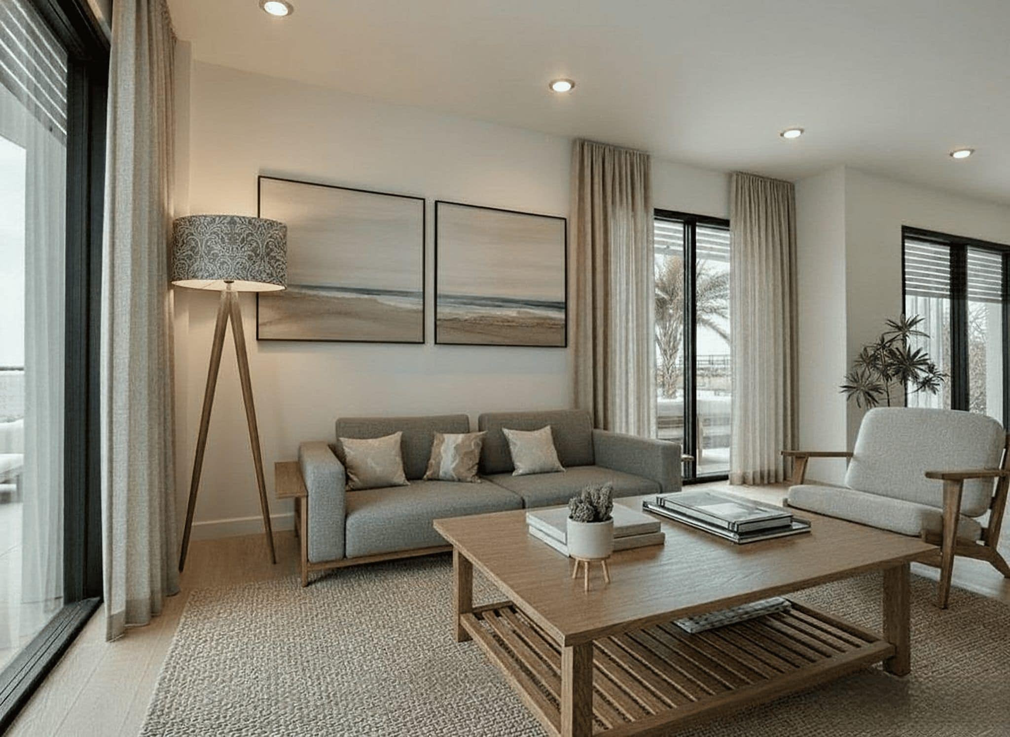Gezellige woonkamer met moderne inrichting en grote ramen.