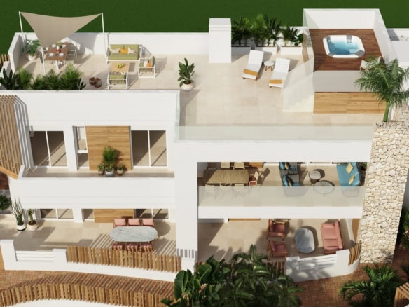 Moderne appartementen met privézwembaden en uitzicht op zee.