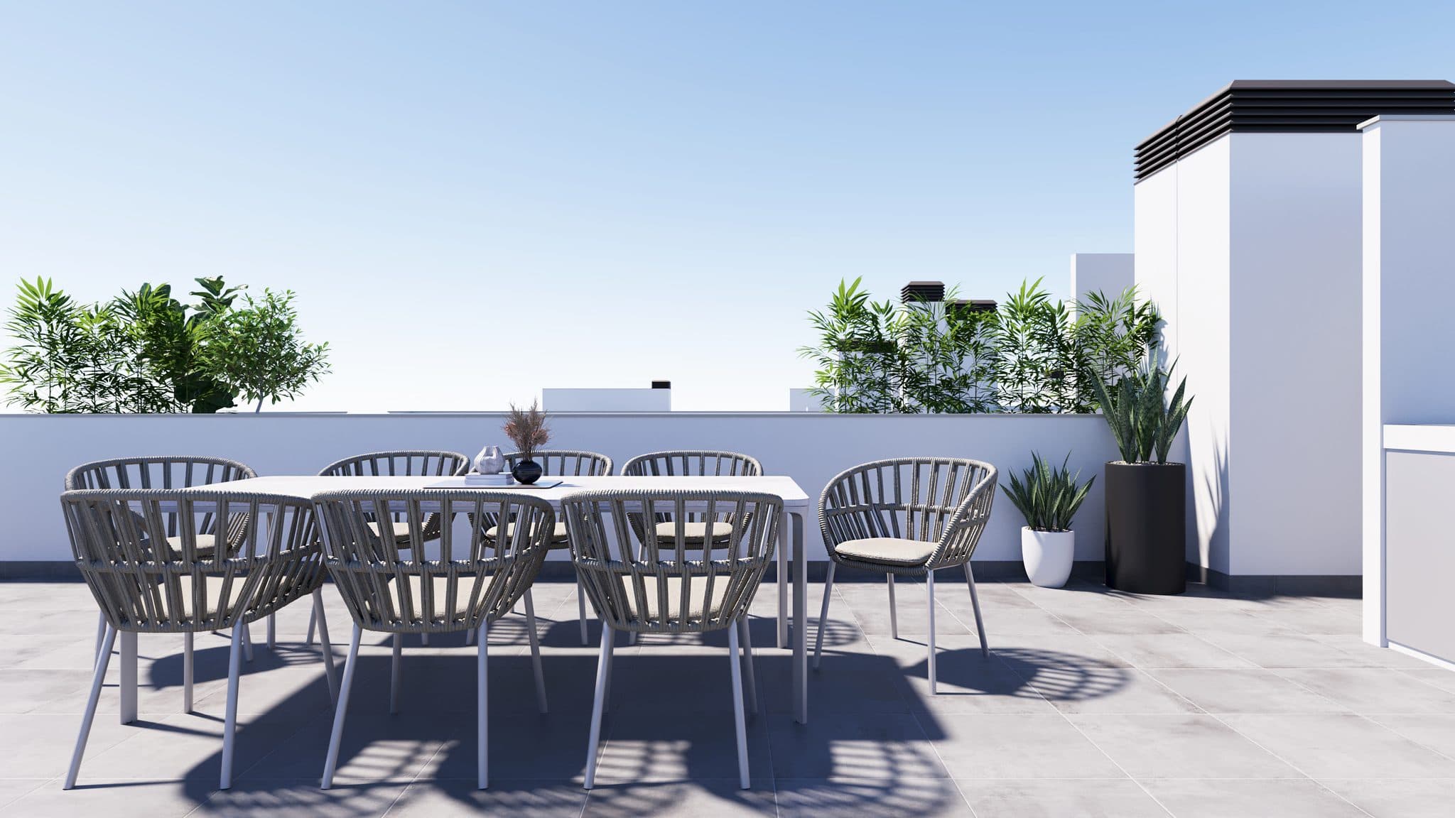 Modern dakterras met tuinset en planten in Roldán, Murcia.