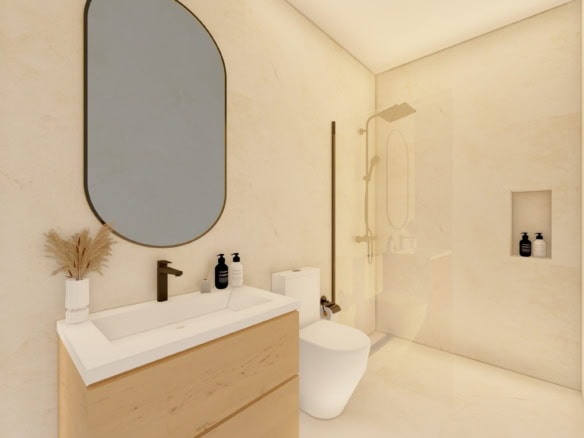 Moderne badkamer met inloopdouche, wandcloset en wastafel in een luxe villa in San Blas.