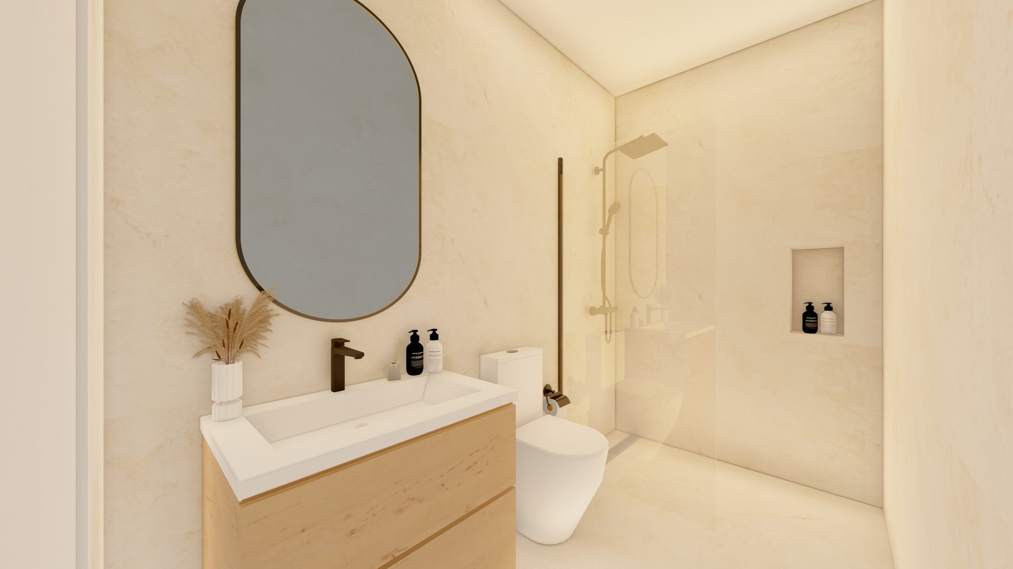 Moderne badkamer met inloopdouche, wandcloset en wastafel in een luxe villa in San Blas.