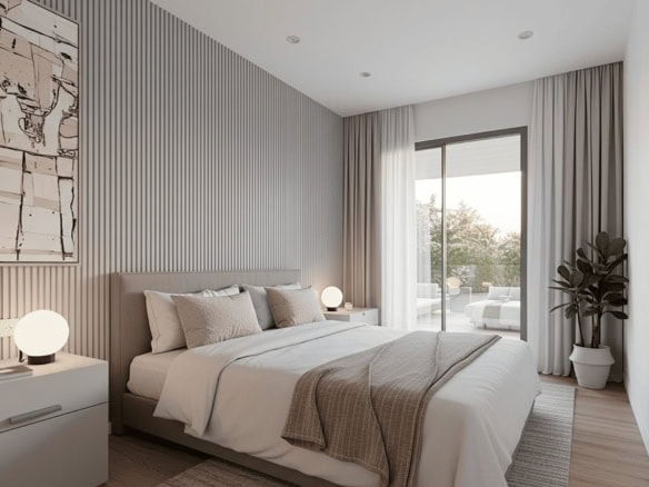 Moderne slaapkamer met groot raam en uitzicht op tuin.
