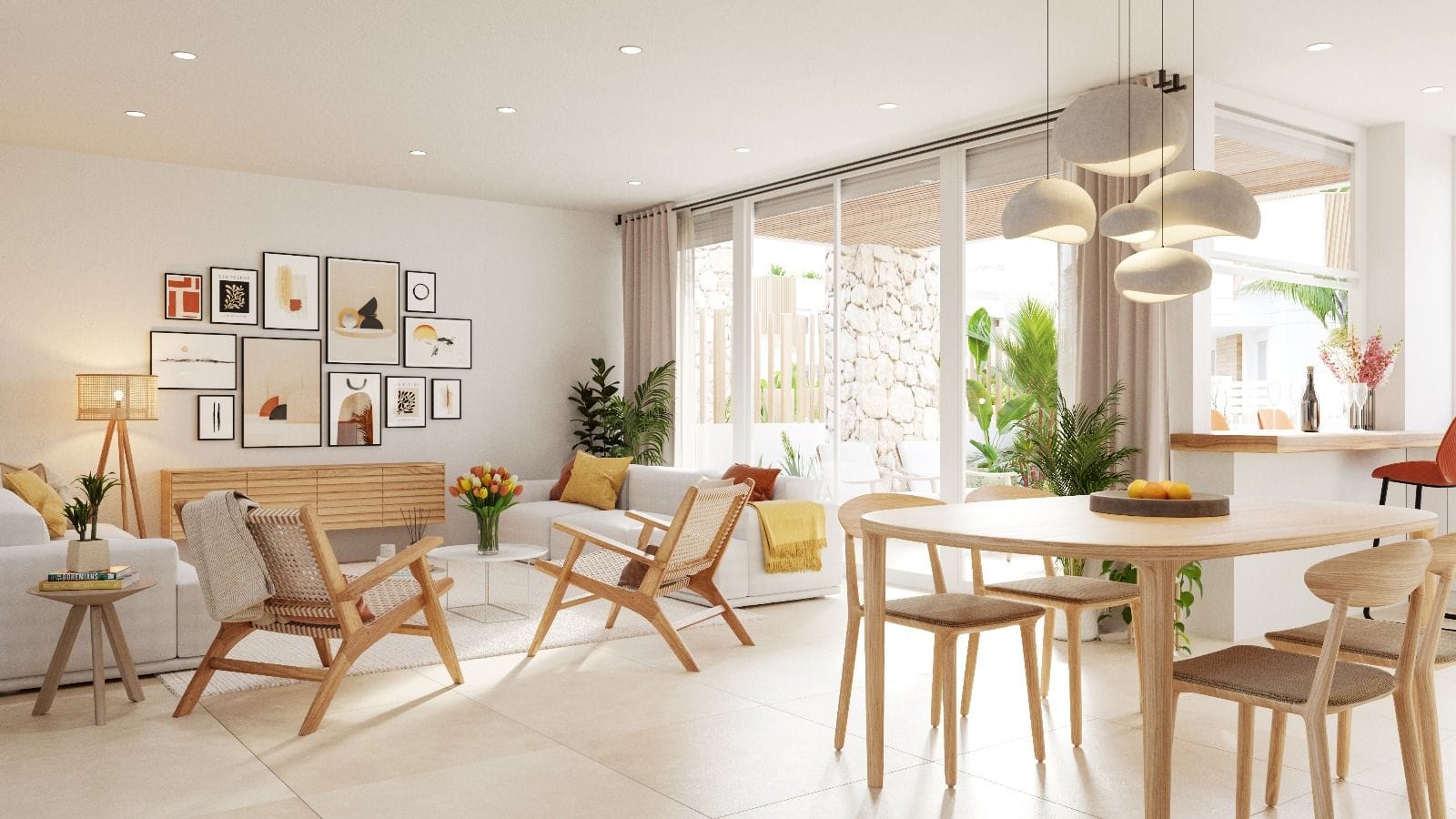 Moderne woonkamer met grote ramen en natuurlijke lichtinval.