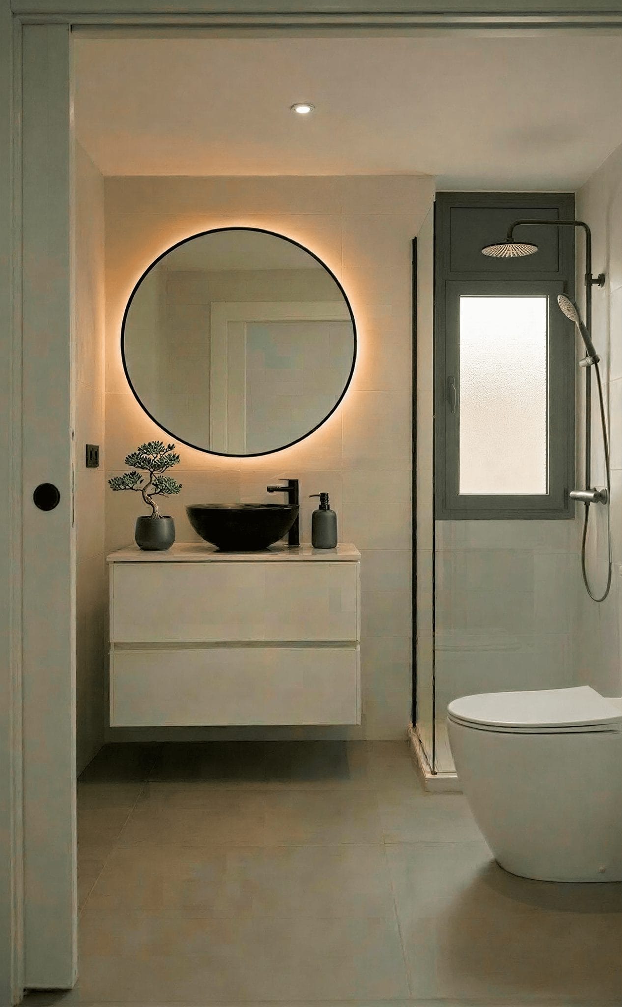 Moderne badkamer met ronde spiegel, wastafel en inloopdouche in appartement Serena Golf.