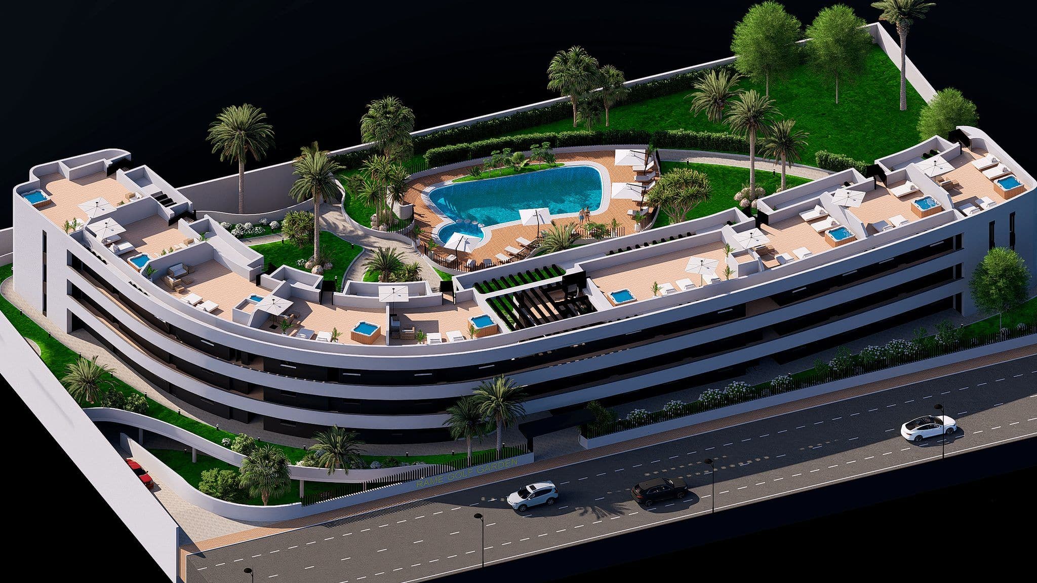 Appartementen op Serena Golf met zwembad en tuin, ideaal voor ontspanning en recreatie.