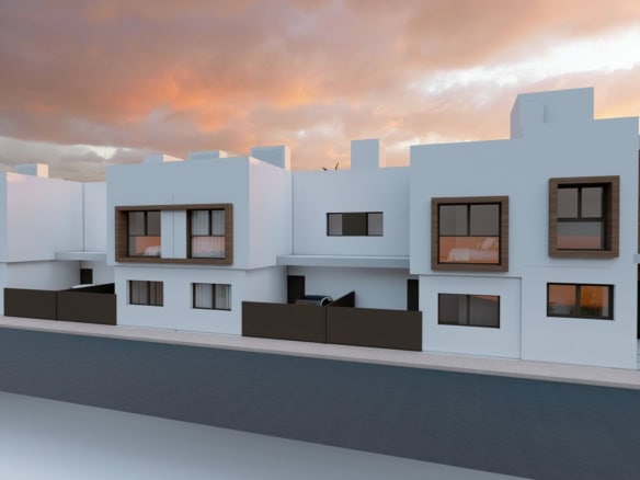Moderne witte herenhuizen in San Javier met grote ramen en privé tuinen.