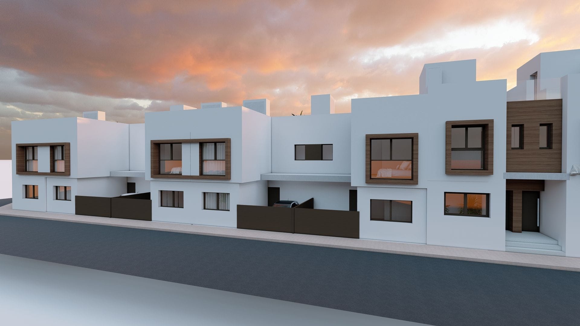 Moderne witte herenhuizen in San Javier met grote ramen en privé tuinen.