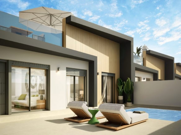Moderne gelijkvloerse villa in Avileses met privézwembad en terras.