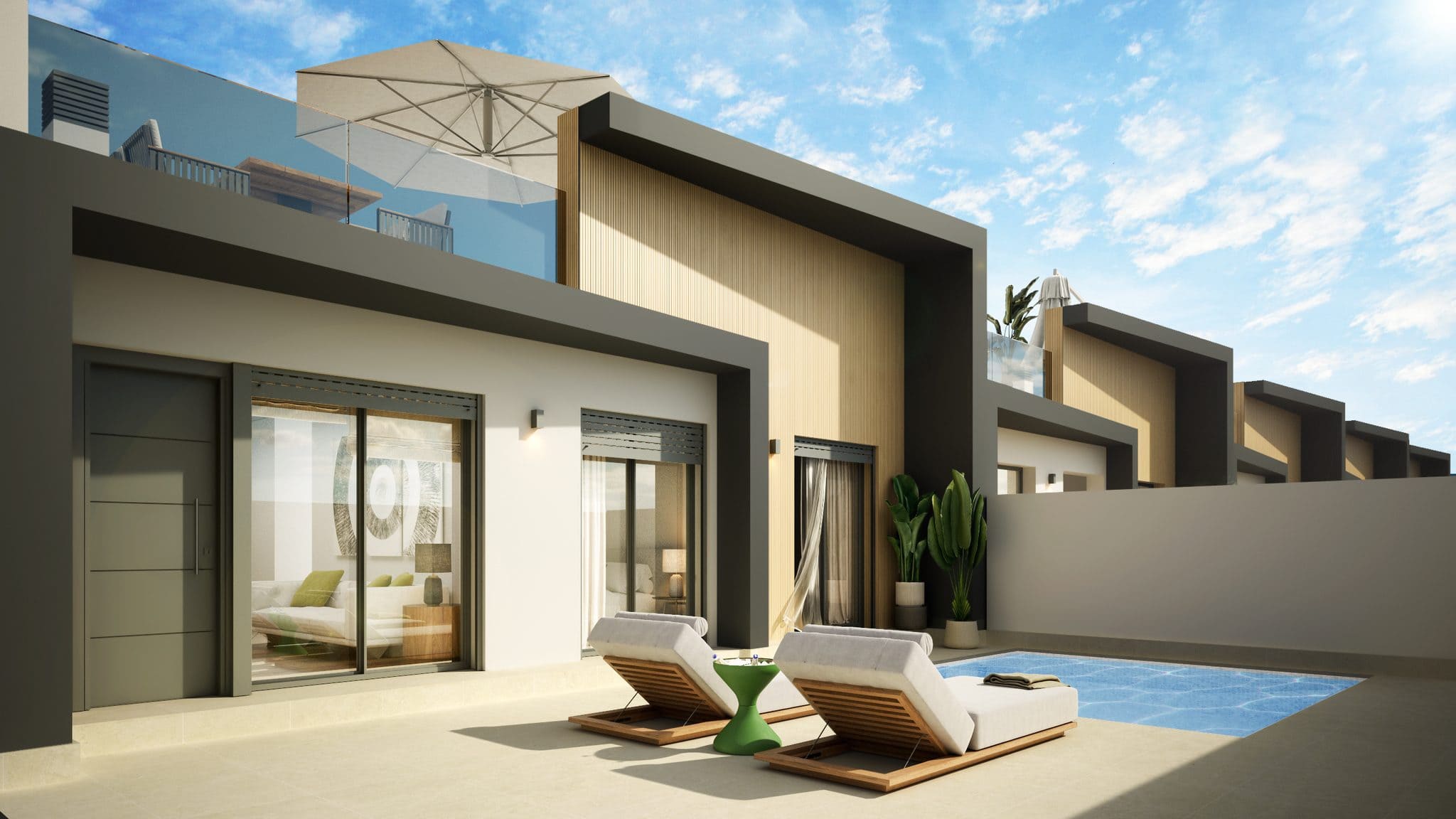 Moderne gelijkvloerse villa in Avileses met privézwembad en terras.