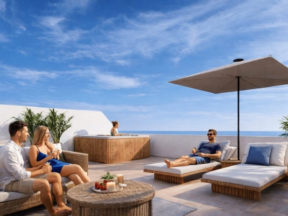 Zonnige terrasfoto met loungezetels, parasol en uitzicht op de golfbaan en de zee.